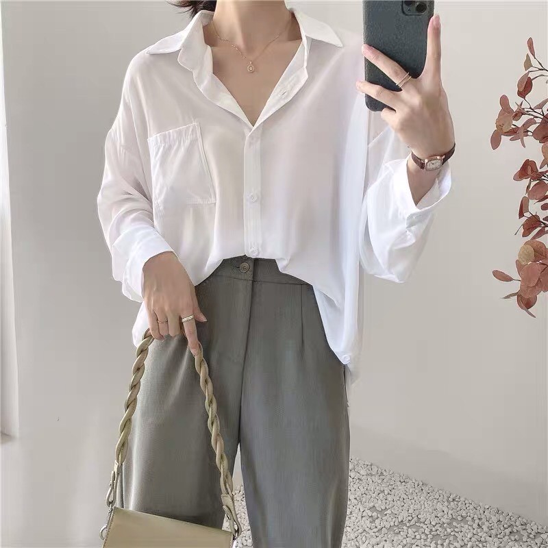 Áo sơ mi kiểu trắng nữ form rộng lụa tay phồng hàn quốc đẹp dài tay trơn cổ bẻ ulzzang vintage truehastore SM31