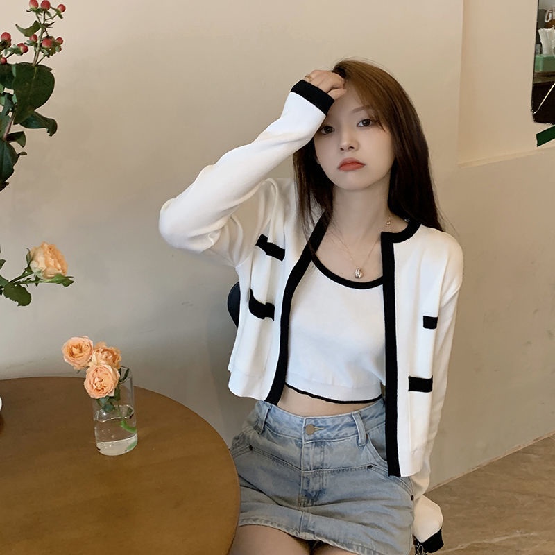 Set Áo Hai Dây + Áo Khoác Cardigan Dài Tay Thiết Kế Mới Thời Trang Mùa Thu Theo Phong Cách Hàn Quốc