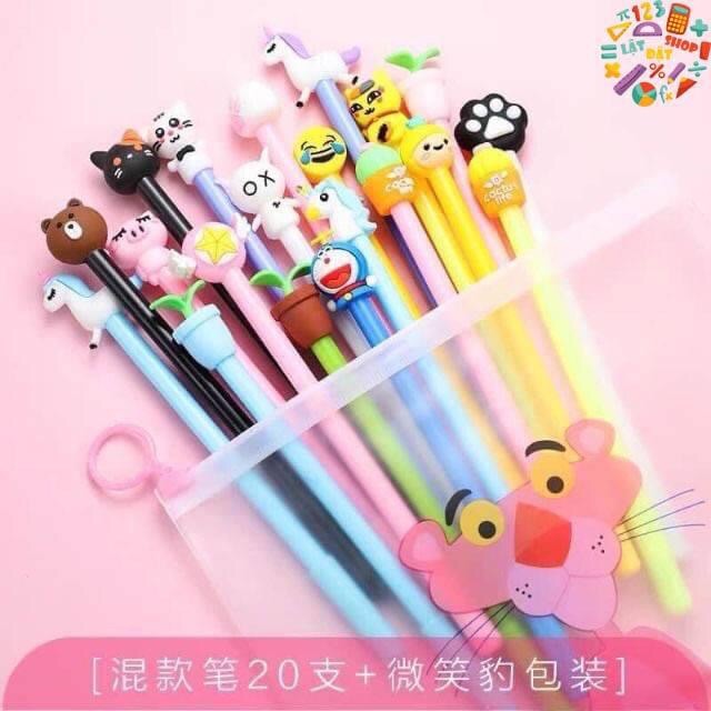 Combo 20 bút kèm túi zip mực tím/ xanh - Túi 20 bút nước cute