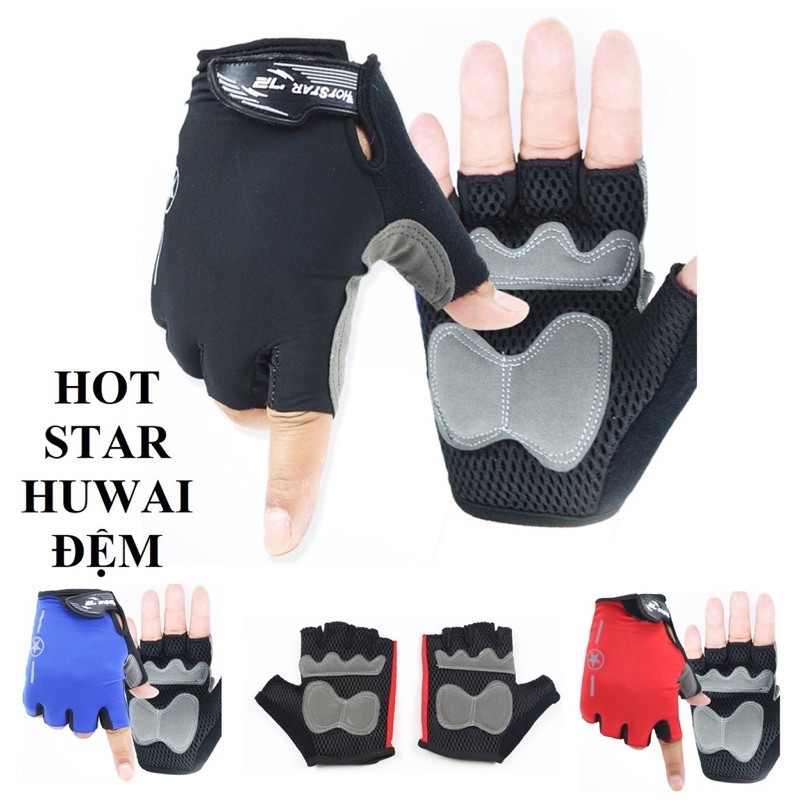 Găng tay Huwai Hot Star loại 1 cụt ngón có đệm lòng bàn tay, găng tay tập gym, găng tay xe đạp, găng tay phượt xe máy