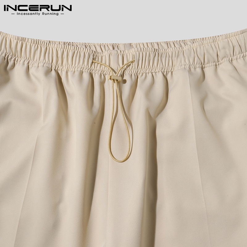 Quần baggy INCERUN dài màu trơn thiết kế dây rút thắt lưng cao co giãn hợp thời trang cho nam