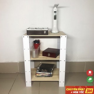 Kệ gỗ 3 tầng gỗ tự nhiên, đa năng, có tăng đưa dễ tháo lắp có thể nâng hạ kệ tuỳ ý, gọn nhẹ