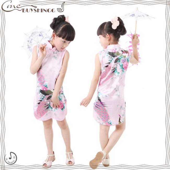 Sườn Xám Cổ Đứng In Hình Chim Công Phát Nhạc Đáng Yêu Cho Bé Gái