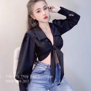 Áo sơ mi phi lụa cổ bẻ cột eo chuẩn dáng( PC)