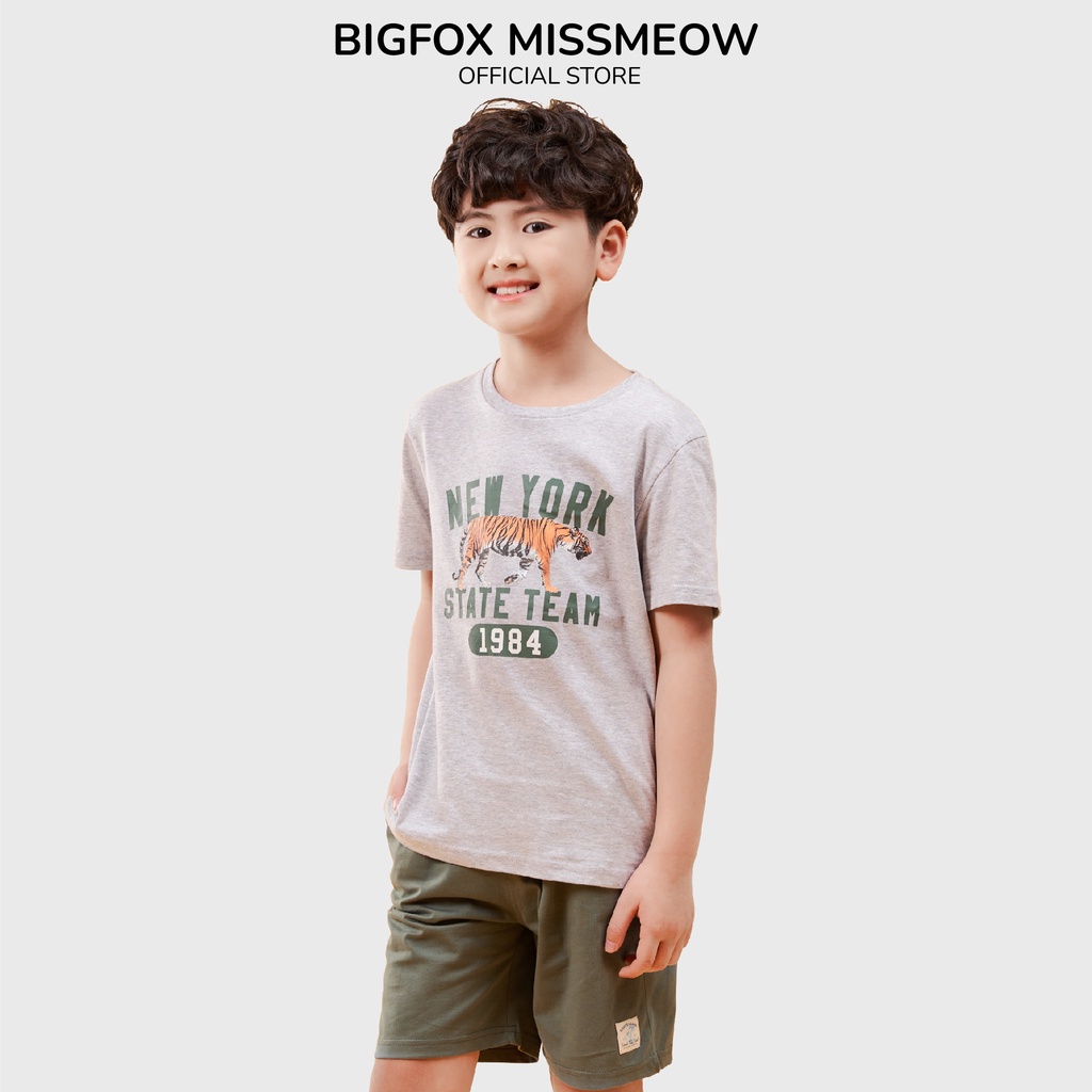 Bộ thun bé trai cộc tay Bigfox – Miss Meow chất cotton hình in hổ newyork từ 11 - 40kg VNXK