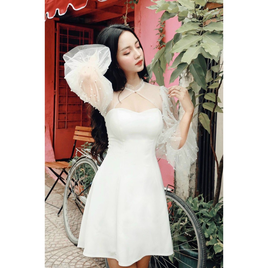 Váy đầm nữ dáng xòe cổ tàu tay phối lưới đính hạt HT106 | BigBuy360 - bigbuy360.vn