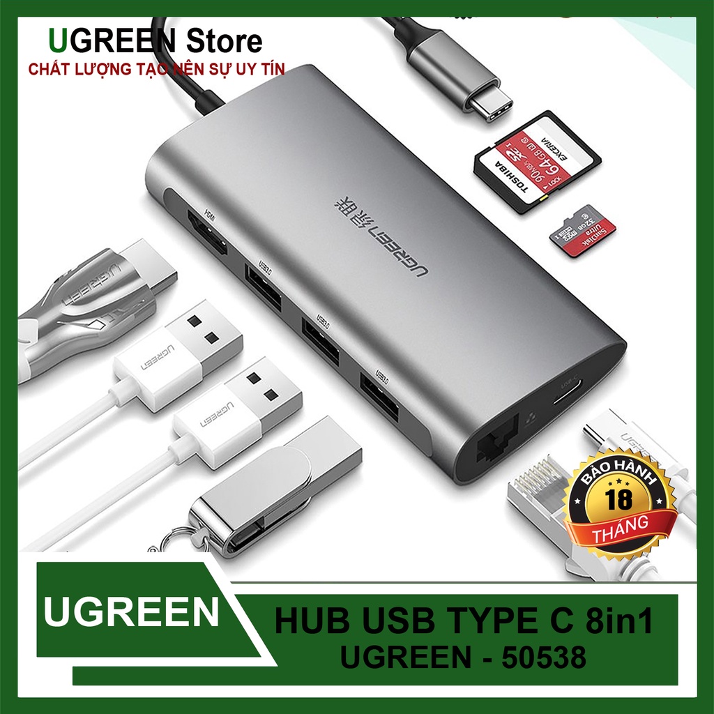 Bộ Chia USB type-C ra 8 Cổng  HDMI/Hub USB 3.0/SD/TF/Lan Gigabit Có Cổng Sạc Ugreen 50538