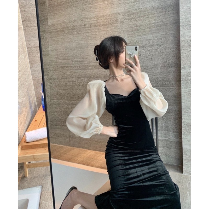 Đầm body nhung phối tay voan xoè