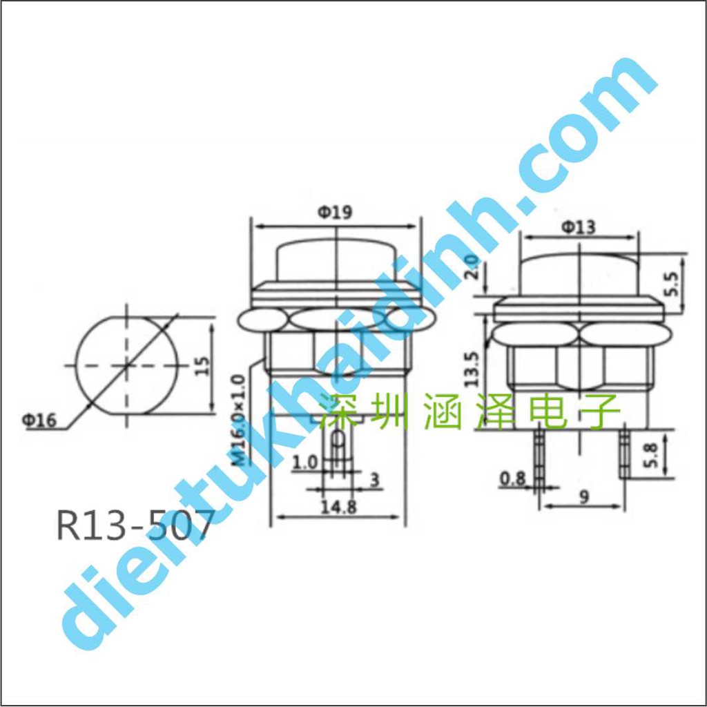 combo 5 NÚT NHẤN RESET R13-507 LỖ 16MM kde3888