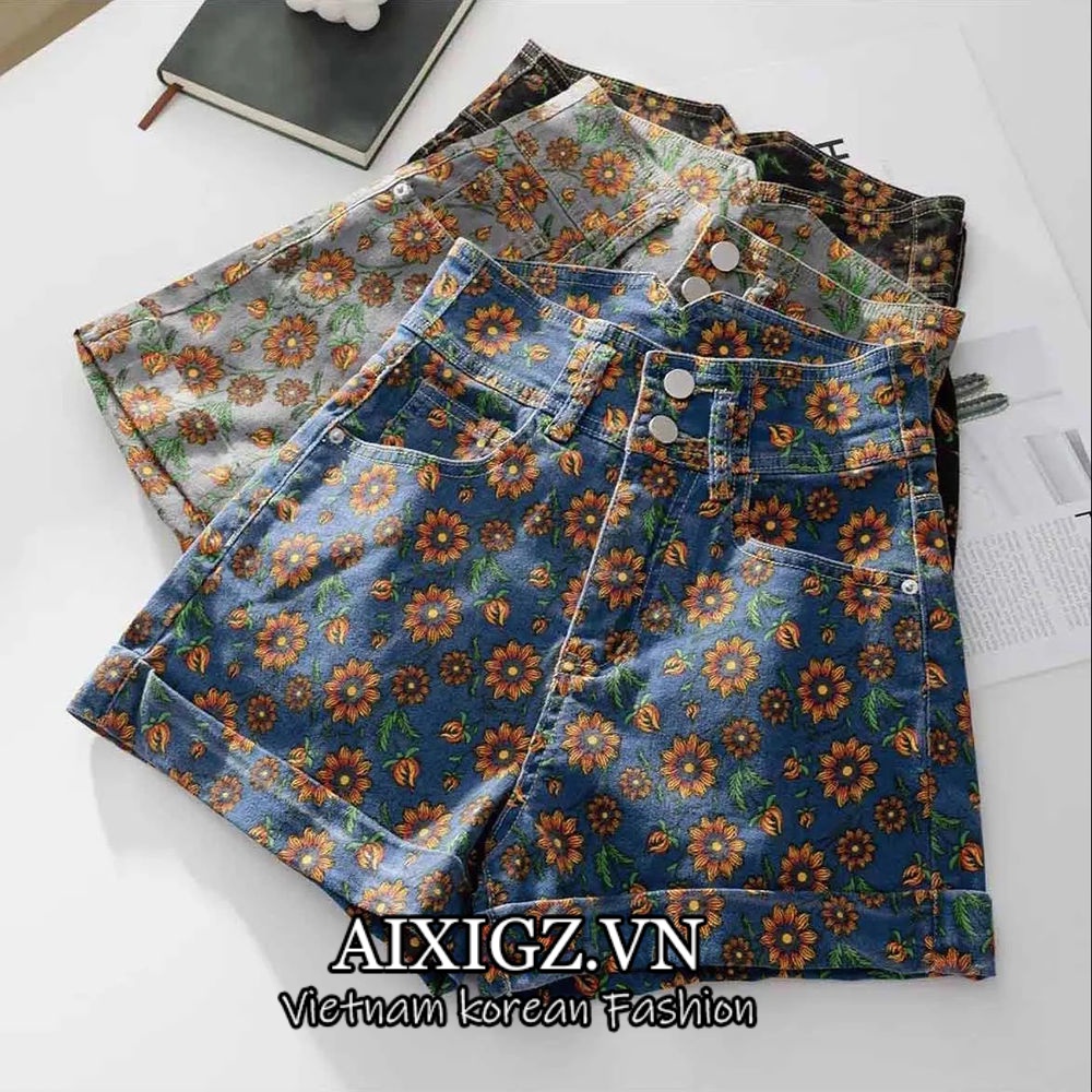 Quần Short Denim Dáng Chữ A Lưng Cao Dáng Rộng In Hoa Hướng Dương Thời Trang Mùa Hè 2022