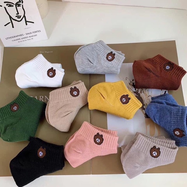 Tất nữ cổ ngắn hoạ tiết Gấu brown Cute co giãn thoáng khí.