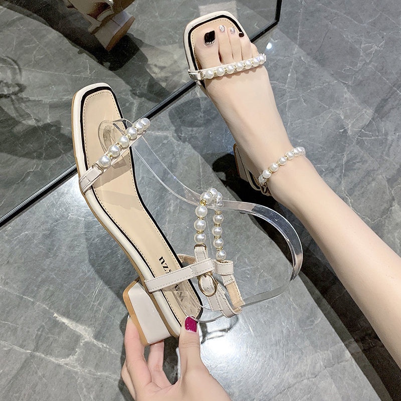 Giày Sandal Gót Vừa Dày Vừa Quai Đính Ngọc Trai Thời Trang Mùa Hè Dành Cho Nữ 2022