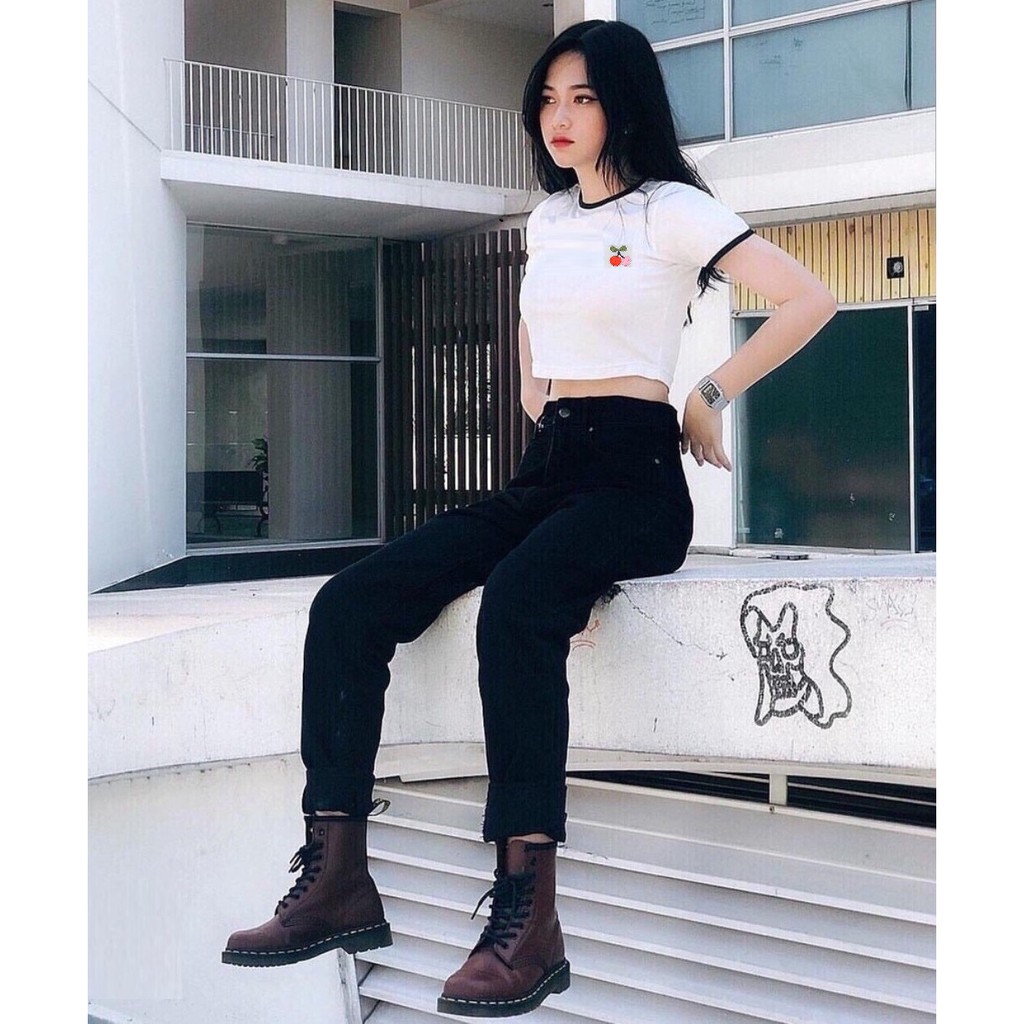 ÁO THUN CROPTOP ÔM BODY NGẮN CO GIÃN - ÁO KIỂU CRT ULZANG NGẮN TAY CỔ TRÒN THÊU HOA CHERRY NHỎ 69