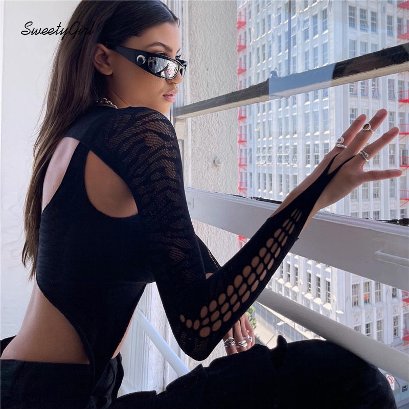 Áo Croptop Tay Dài Cổ Tròn Khoét Lỗ Màu Đen Trơn Thời Trang 2022 Quyến Rũ Cho Nữ