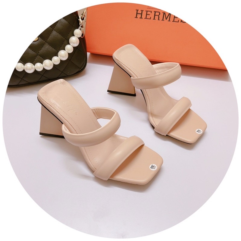 Bán Sỉ- Dép nữ cao gót hai quai phồng da lì gót tam giác 9cm phong cách sang chảnh