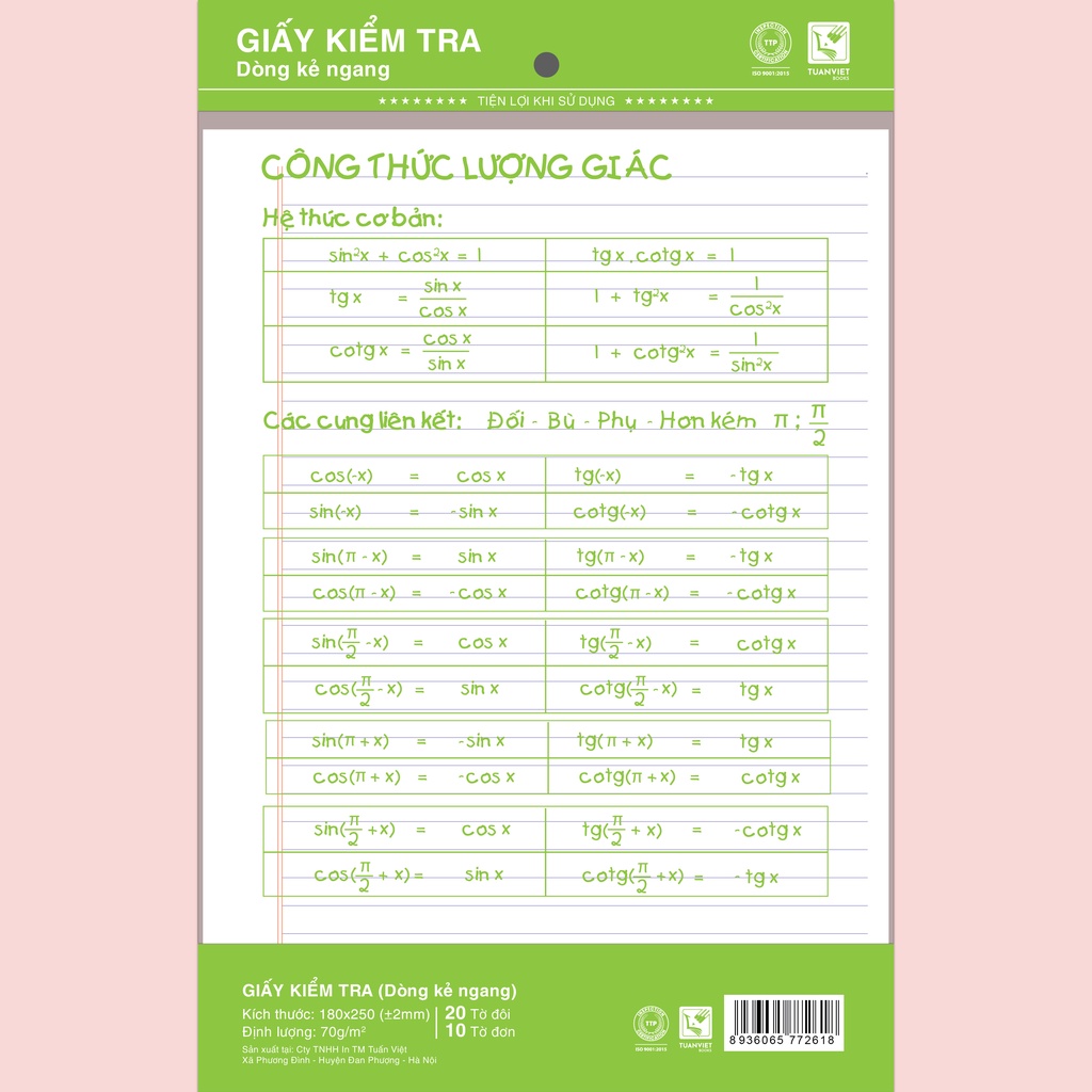 TUANVIET BOOKS Giấy kiểm tra kẻ ngang không chấm (1 túi - 30 tờ đôi + đơn)