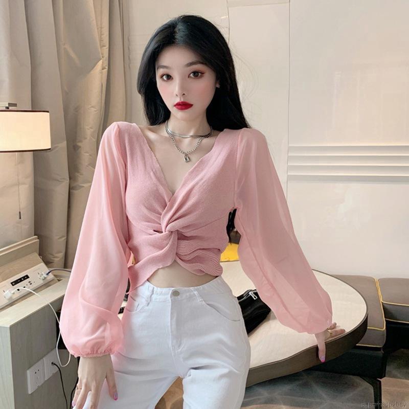 Áo Croptop Dệt Kim Thiết Kế Cổ Chữ V Quyến Rũ