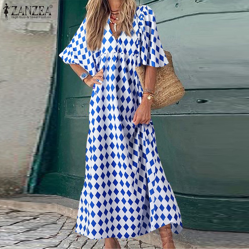 Đầm ZANZEA cổ tròn tay 3/4 họa tiết hình thoi phong cách Châu Âu cho nữ