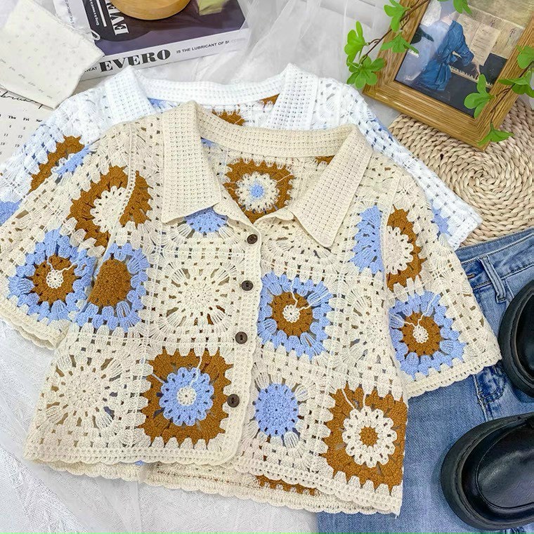 Áo polo ren cổ bẻ, chất len lưới thêu hoa hàng Quảng Châu