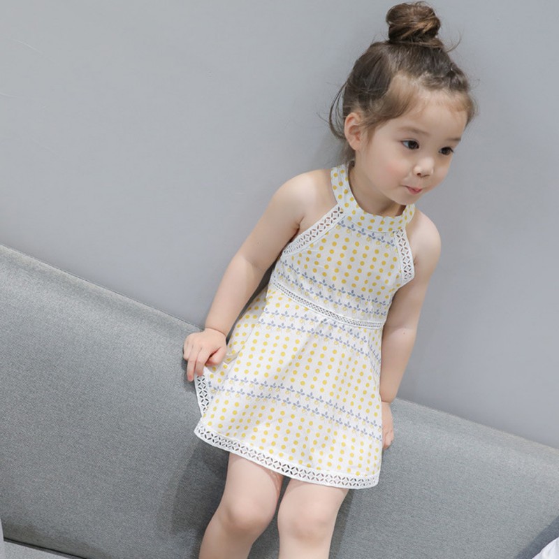 Đầm xòe cộc tay cổ tròn in họa tiết chấm bi xinh xắn cho bé gái