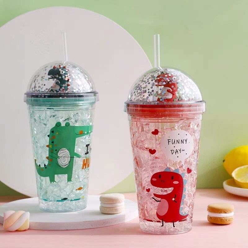 Ly Đựng Nước❤️DEAL SỐC[FREESHIPCốc Đựng Nước Nhũ Kim Tuyến Hình Khủng Long 500Ml Kèm Ống Hút