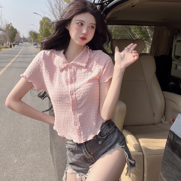 Áo ZHELIHANGFEI polo dệt kim ngắn tay thiết kế lệch tà cá tính