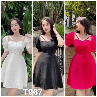 Đầm đũi nữ tay phồng dáng xoè ngang gối đính nút cổ u có mút ngực đan dây T967