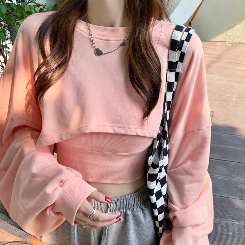 SUXI Set áo sweater cổ tròn và áo hai dây phong cách Hàn Quốc thời trang cho nữ