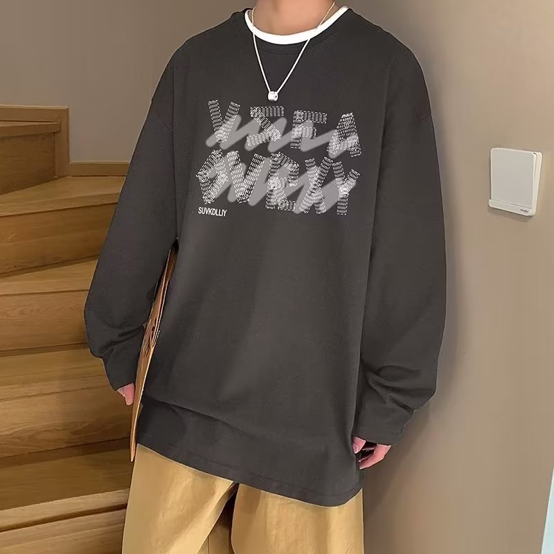 Áo Thun Tay Dài Dáng Rộng In Chữ Phong Cách Hong Kong Thời Trang Cho Nam / size M-5XL
