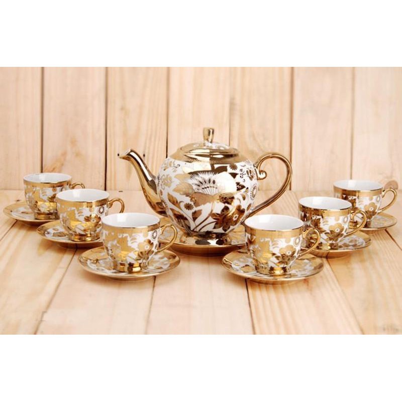 Bộ ấm trà 6 ly hoàng gia nhũ vàng - Bộ ấm tách uống trà cao cấp