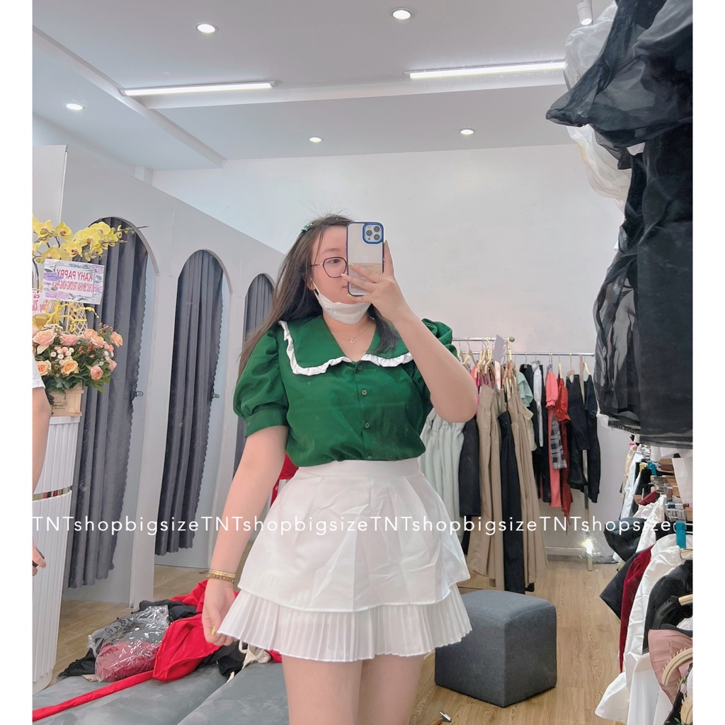ÁO XANH LÁ TAY BÚP VIỀN BÈO TRẮNG [TNTSHOP BIGSIZE 60KG 90KG]