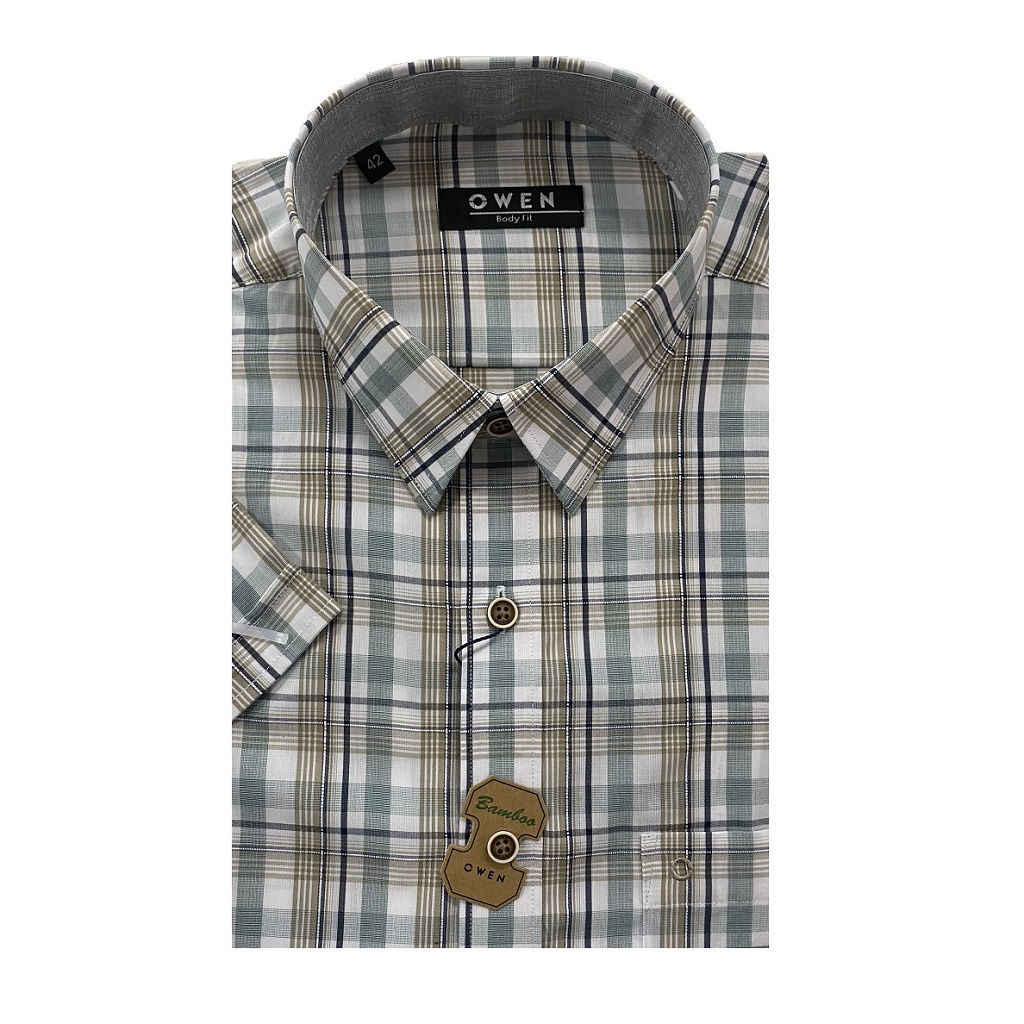 Áo Sơ Mi Nam Ngắn Tay Owen BA220425NT Somi Công Sở Cao Cấp Màu Trắng Caro Ghi Be Vải Sợi Tre Mềm Mát Dáng Suông Tà Bằng