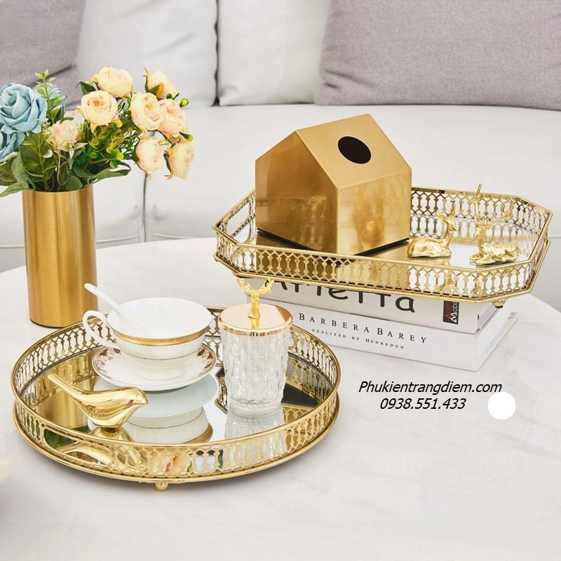 Khay Để Nước Hoa Mỹ Phẩm Trang Điểm Vàng - Tròn