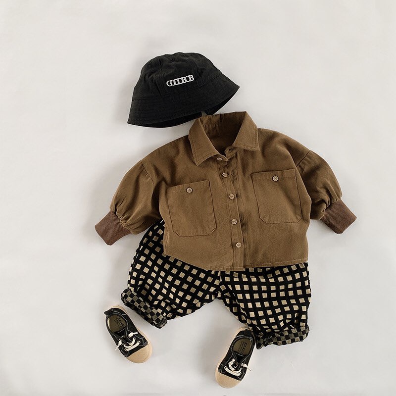 Áo sơ mi nâu tây Hàn Quốc cho bé gái bé trai size 80-120