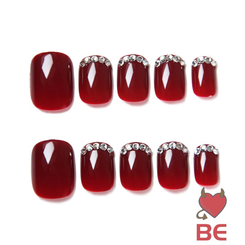 [Hàng mới về] Set 24 móng tay giả màu đỏ đính kim cương thời trang mùa thu