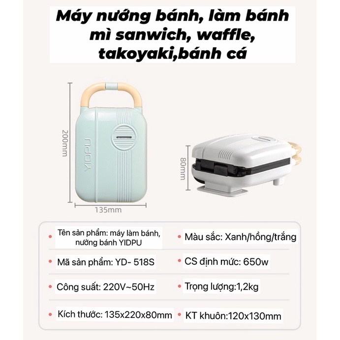 Máy nướng bánh mì mini làm đồ ăn sáng - Máy kẹp nướng bánh mì làm bánh kèm khuôn thiết kế chống bỏng