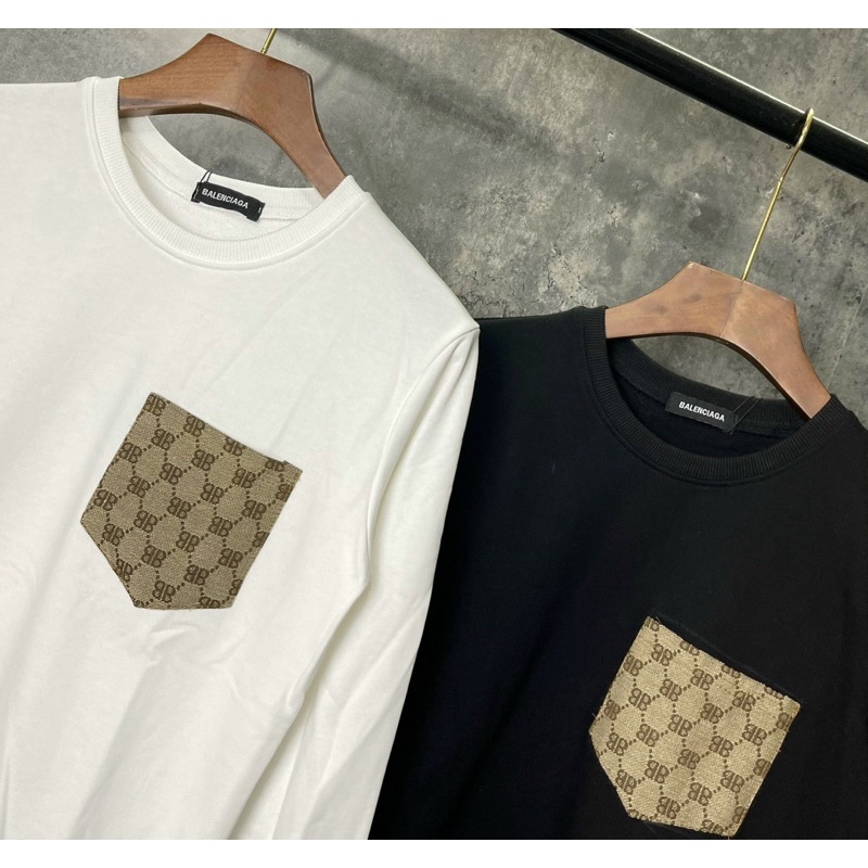 Áo nỉ dài tay hai mầu trắng đen có hoạ tiết phối túi logo dior, Áo thu đông phong cách hàn quốc btshop từ s đến xl