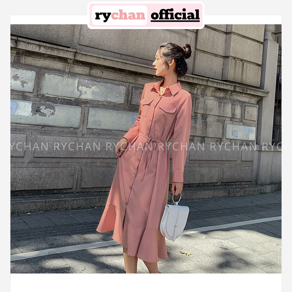Đầm Pháp Hepburn Nữ Phong Cách Cổ Sơ Mi Đuôi Cá Dài Tay