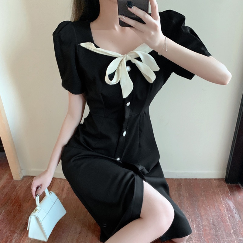 Đầm Dáng Dài Ôm Eo Đính Nơ Xinh Xắn Thời Trang Hàn Quốc Cho Nữ