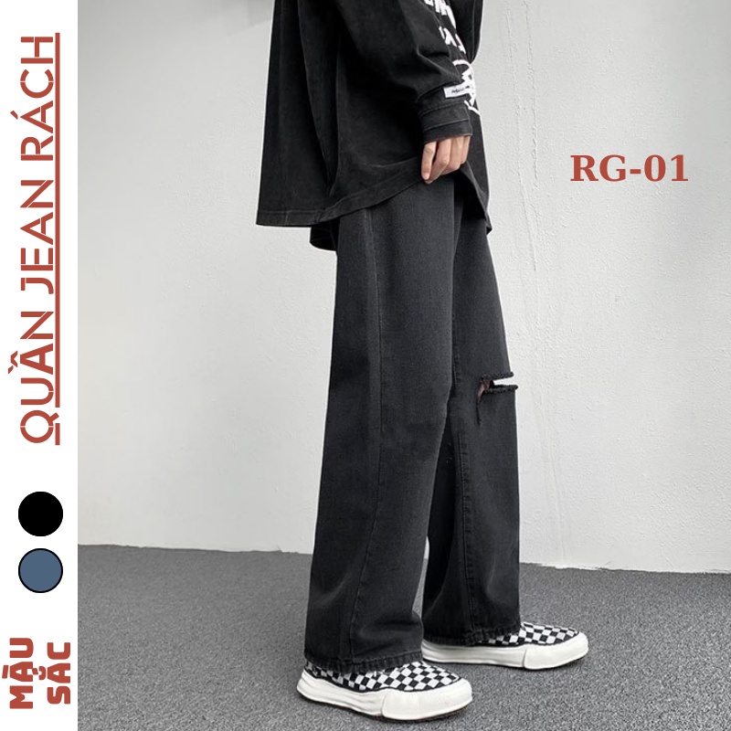 Quần jeans đen cao cấp, quần bò đen, baggy,xuông rộng nam,nữ, Crying Center wash retro xanh, đen, rách 2 gối
