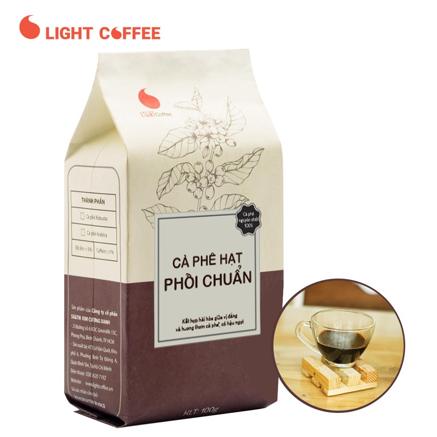 Cà phê nguyên chất 100% dạng hạt Phối Chuẩn Light Coffee - Gói 100gr