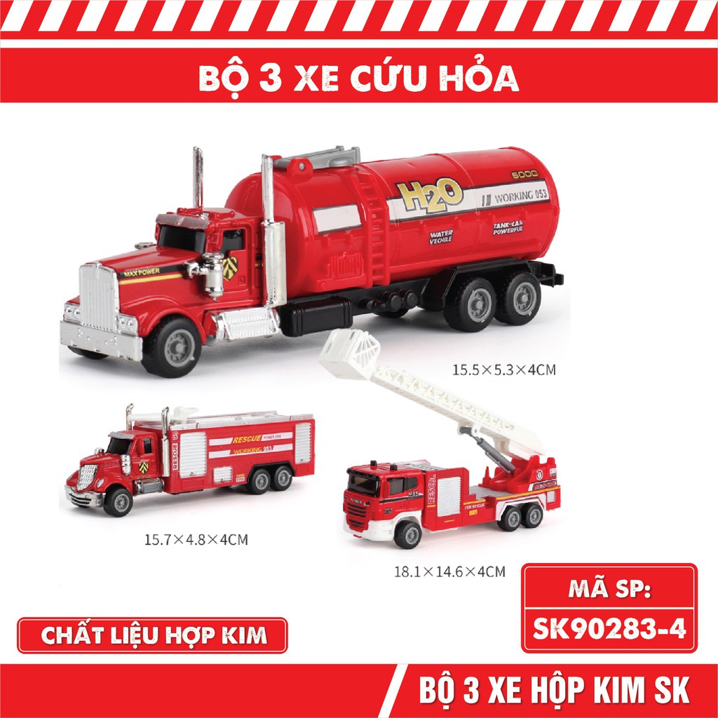 Mô hình xe tải bộ 3 xe chủ đề cứu hỏa, cảnh sát, xây dựng, nông trường