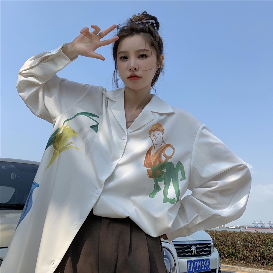 Áo Sơ Mi Nữ Tay Dài Dáng Rộng Cổ Polo In Họa Tiết Phong Cách Hàn Quốc