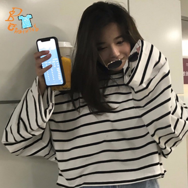 Áo thun dáng rộng tay dài kẻ sọc phong cách Hàn Quốc