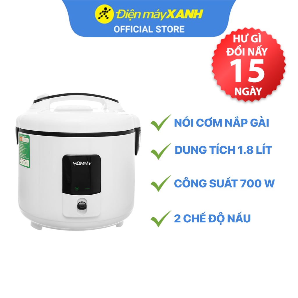 Nồi cơm điện nắp gài Hommy BXB-50C 1.8 lít 700 W lòng nồi chống dính - Chính hãng BH 12 tháng