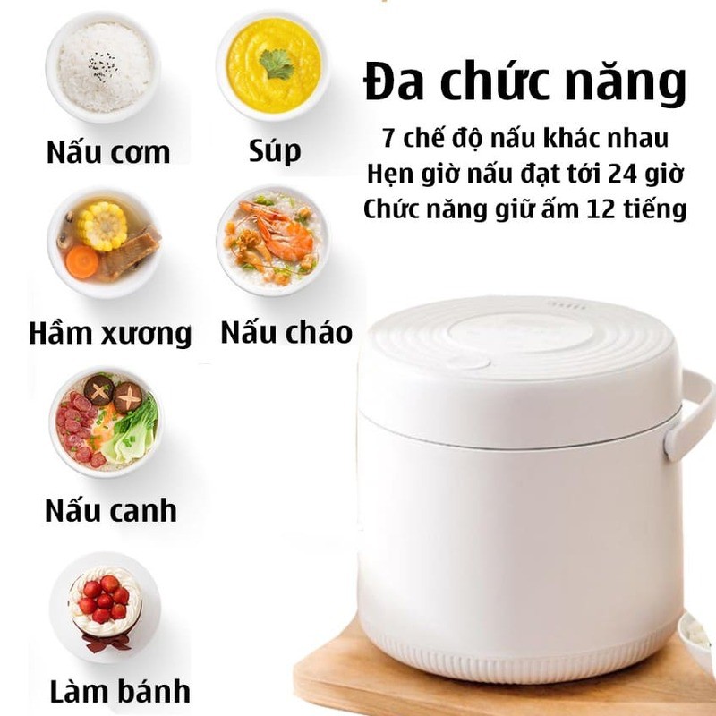 Nồi cơm điện mini đa năng 7 chế độ nấu cháo, hầm xương, làm bánh dung tích 2L công suất 400W bảo hành 1 năm