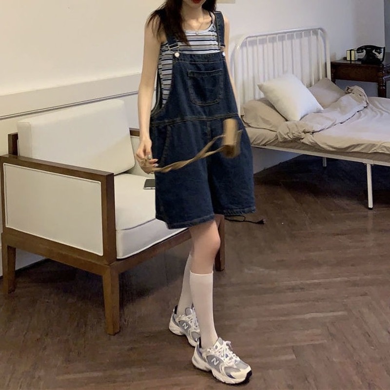 Quần yếm denim ống rộng lưng cao thời trang cho nữ