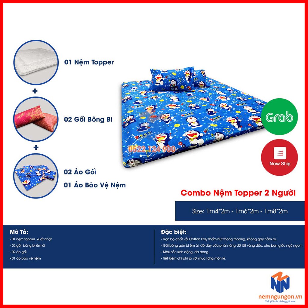 Combo nệm topper xuất Nhật kèm gối, drap - Nệm topper trải sàn cao cấp - đồng bộ màu sắc [Đủ size] - Màu ngẫu nhiên