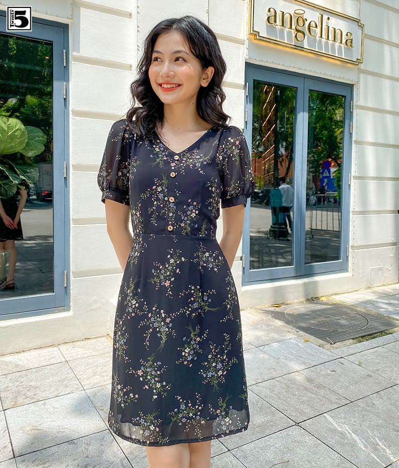 Đầm cổ v nẹp sơ mi giả tay bồng bo tay khóa lưng 2 lớp Twentyfive N265