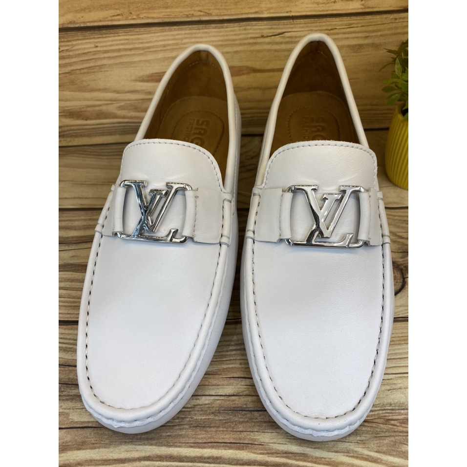 Giày Mọi Trắng Nam Da Bò Thật-Giày Lười Da Cao Cấp Màu Trắng Khoá LV -MV99 Giày SAGO’S tặng 1 vớ BH 12 tháng